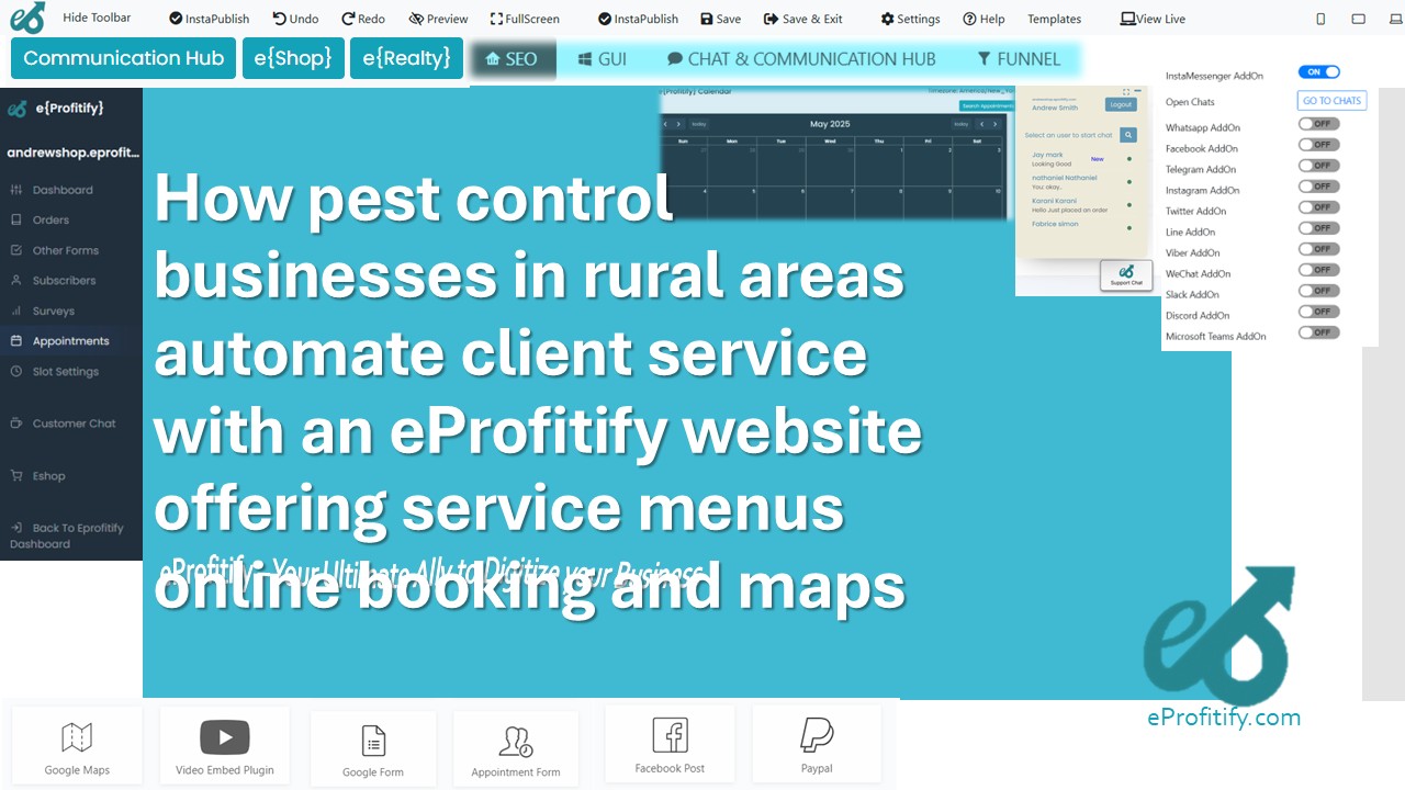 How pest control businesses in rural areas automate client service with an eProfitify website offering service menus online booking and maps